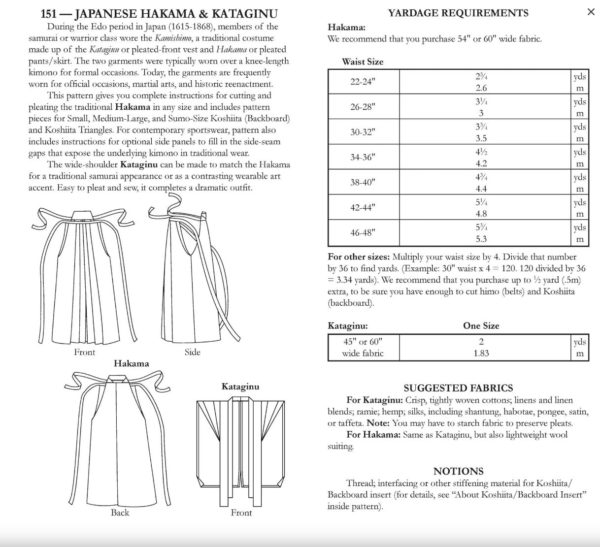 Japanese Hakama & Kataginu Folkwear Patterns Sizes Based on Waist
